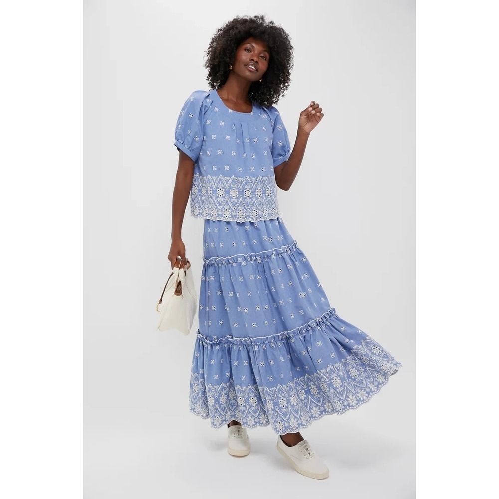 Tuckernuck Chambray Embroidered Top NWT Sz M Puff Sleeve Preppy Modest Cottage - Picture 5 of 11